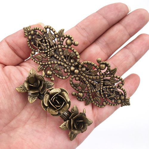 2PCS Retro Vintage Metal French Barrette Clip Hair Clasp Roses Bronze Accessories