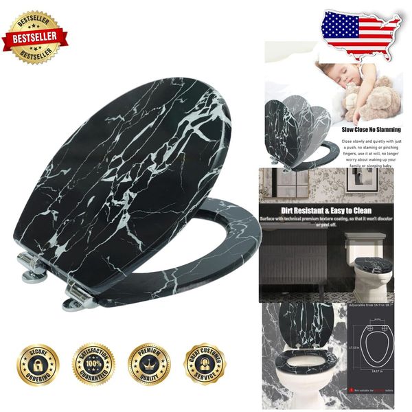 Easy Install Elongated Toilet Seat with Premium Black Marble Finish & Soft Close