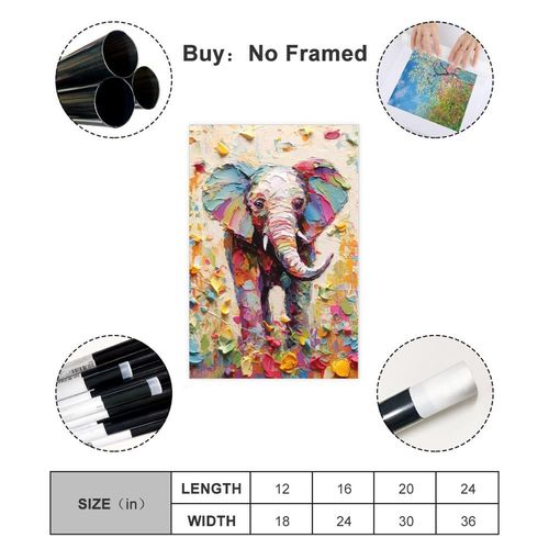 Fyzuf Elephant Wall Art - Oil Painting on Canvas, Cubism Style, Colorful Elephant Aesthetic, 12x18inch (30x45cm) Unframed