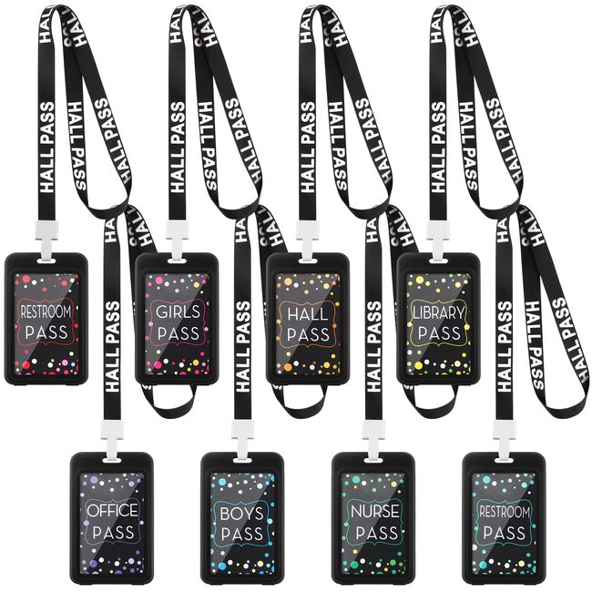 16 Pcs Hall Pass Lanyards Card Passes Set Unbreakable Classroom School Passes Bathroom Pass Restroom Gift for Teachers Students Nurse Classroom Library Office (Black)