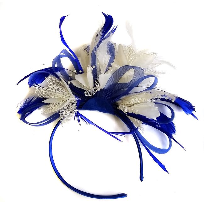 Caprilite Fashion Royal Blue and Cream Feather Hair Fascinator Headband Wedding and Royal Ascot Races Ladies