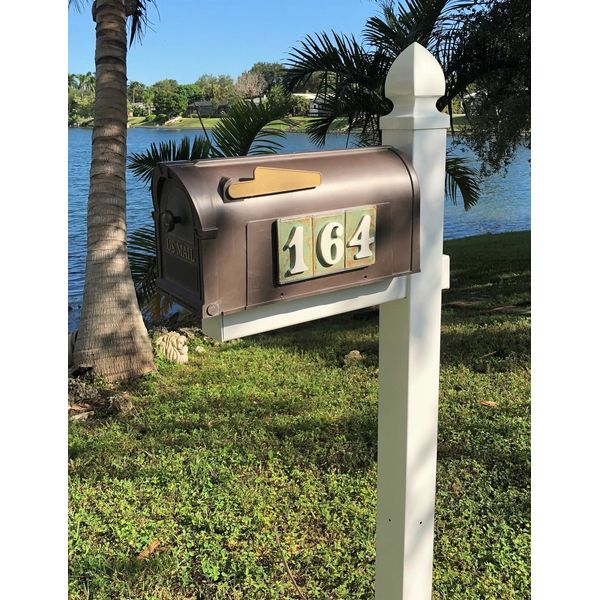 Mailbox with 3 number tile address on each side. weatherproof poly. Applewood.