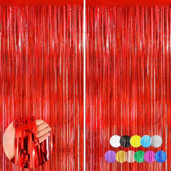 Red Metallic Tinsel Foil Fringe Curtains Backdrop 2Pack 3.3x8.3Ft Red Party Streamers for Birthday Party Decorations Halloween Christmas Decors Foil Curtain Backdrop for Bachelorette Wedding Decors