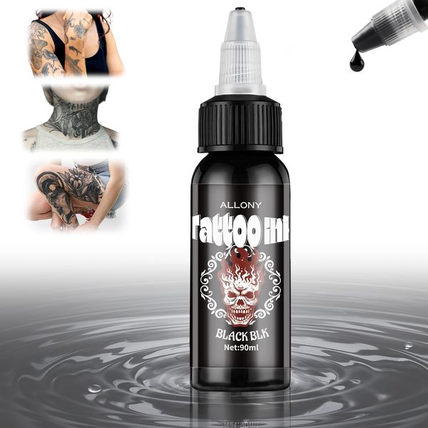 Allony Dynamic Tattoo Ink, 90ml Tattoo Farbe Black, Tattoo Farbe Schwarz, Reine und Langlebige Farbe, Leicht Einzufärben, zu Reparieren, Ohne zu Verblassen