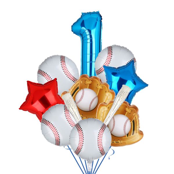 1st Baseball Birthday Party Decorations Foil Balloons Set First Birthday Party Supplies Glove Round Baseball Bat Theme Mylar Balloon Boys Blue Rookie of The Year Bouquet