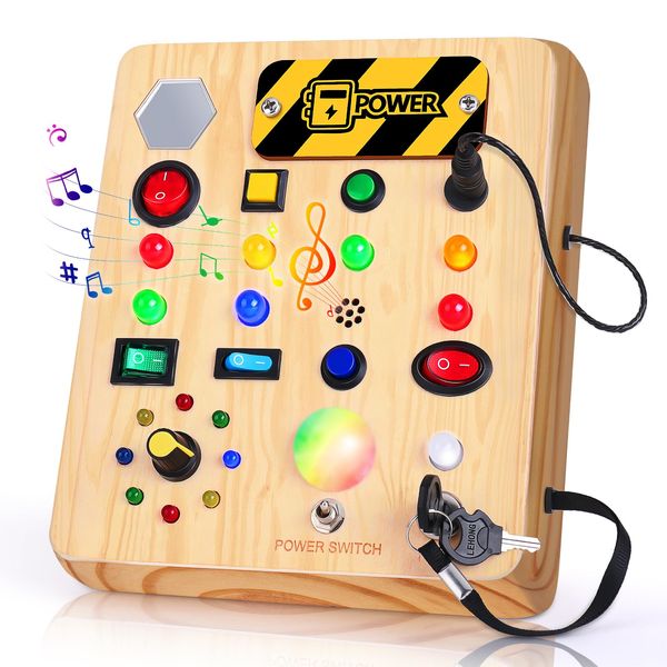 TINTECUSA Busy Board with LED Light, Wooden Sensory Toys for Toddler, Montessori Music Toy for Airplane, Travel Activity Educational Learning Autism Toys, Birthday Boys Girls Gifts