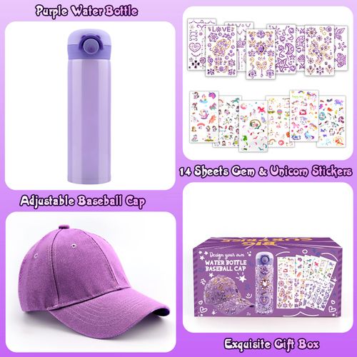 Gifts for Girls DIY Water Bottle and Baseball Cap, Decorate Your Own Water Bottle with Gem & Unicorn Stickers, Back to School Birthday Present Girls Age 4 5 6 7 8 9 10 Year Old,Kids Girl Craft Kit Toy