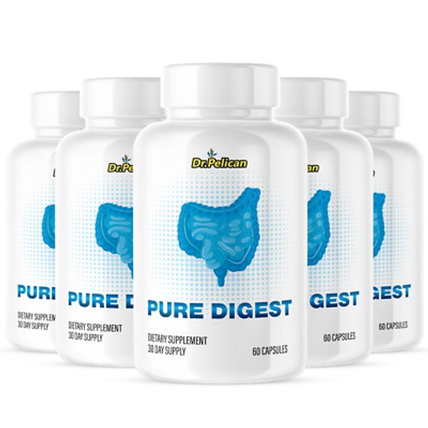 Pure Digest- Digestive Support- 5 Bottles- 300 Capsules