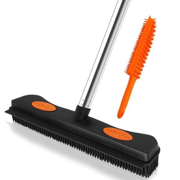 Rubber Broom with Scraper, 160cm Long Handle Silicone Carpet Brush Pet Hair Remover, Push Hair Removal Tool with Portable Fine Bristle Comb for Cleaning Carpet, Tile, and Hardwood Floors (Black)