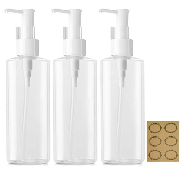 Apstaqeoo 3Pcs 200ML Empty Lotion Dispenser Refillable Clear Plastic Oval Travel Bottles Makeup Cosmetic Flat Container Dispenser with Pump Head for Gel Cream Shampoo Massage Cleansing Oil