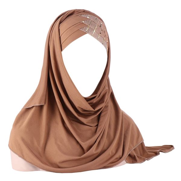 AIBEARTY Women Glitter Sequin Hijab Muslim Head Wrap Scarf Long Turban Headband Hair Cap Shawl (Light Coffee)