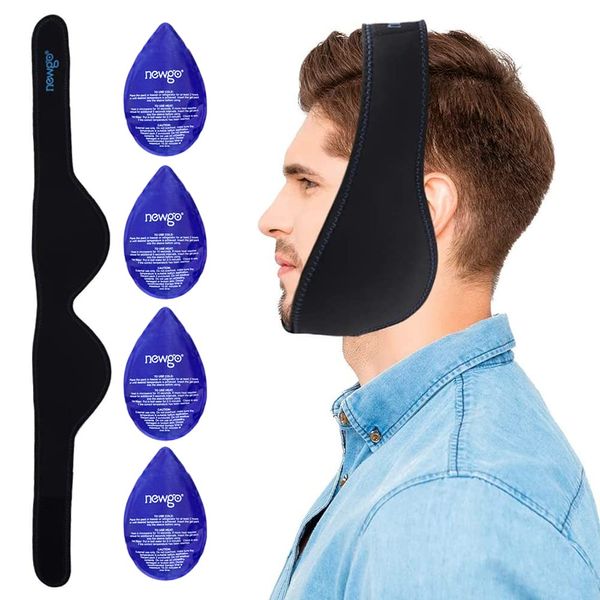 NEWGO Face Ice Pack for Jaw Pain, Hot Cold Compress Jaw Ice Pack for Wisdom Teeth Pain Relief, Chin, Facial Surgery, TMJ, Migraine, Face Swelling, with 4 Reusable Gel Cold Packs