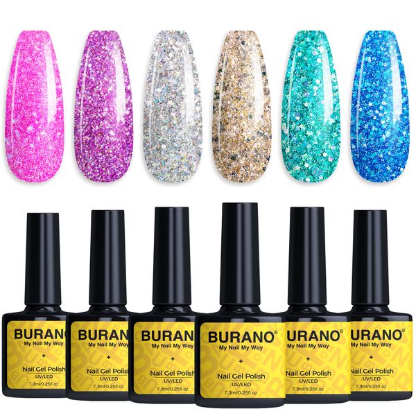 BURANO Chrome Glitter Gel Nail Polish Set - Sparkly Diamond Platinum Glitter Gel Nail Polish, Silver Pink Purple Blue Gel Polish Kit UV LED Soak Off DIY Gel G8-13