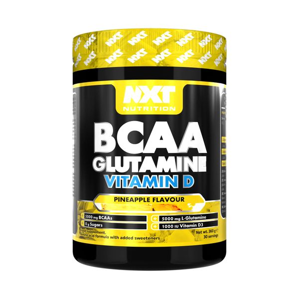 NXT Nutrition BCAA, Glutamine & Vitamin D | BCAAs Amino Acids with Vitamin D3 and L-Glutamine - for Recovery, Gut Health and Muscle Protein Synthesis | 360g - 30 Servings (Pineapple)