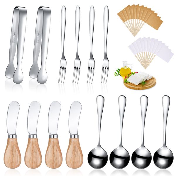 14 Pieces Cheese Butter Spreader Set Charcuterie Accessories Stainless Steel Knives with Wooden Handles Charcuterie Boards Utensils Mini Serving Tongs Spoons and Forks(Yellow)