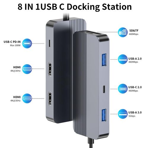 Docking Station Dual Monitor for HP/Dell/Lenovo/MacBook, USB C Hub Adapter with Dual 4K HDMI, 8-in-1 Laptop Docking Station, USB C Dock with USB 3.0, PD Charging, SD/TF Card Reader
