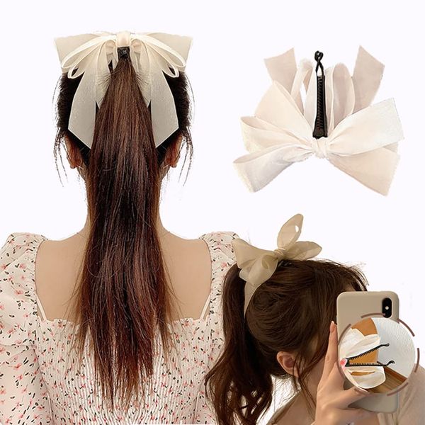 Chiffon Bowknot Banana Hair Clips Bow Ribbon Bows Ribbon for Girl Ladies White Hair Clip Girls Bows Hair Accessories (White)