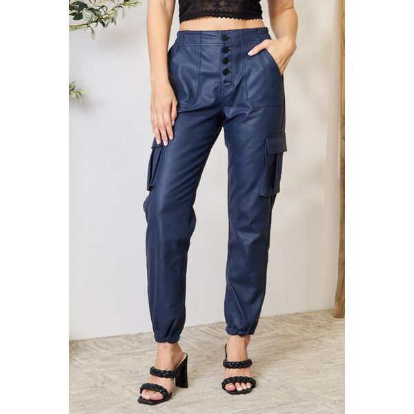 Kancan High Waist Faux Leather Cargo Joggers - Navy / L