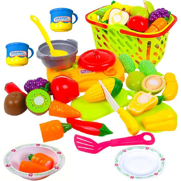 FUNERICA Kids Play Food Sets for Kids Kitchen - Cutting Play Vegetables and Fruits with Grocery Shopping Basket, Mini Cooking Top, Pot, Dishes, and Utensils