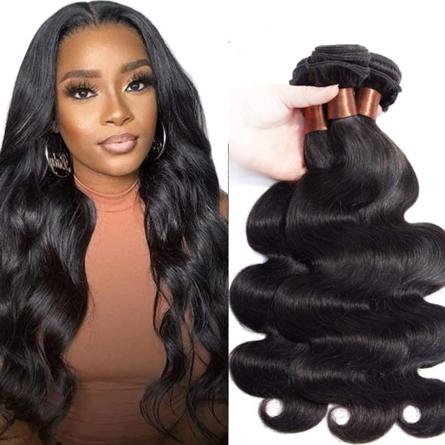 ANGIE QUEEN 100% Unprocessed Malaysian Virgin Hair Body Wave 3 Bundles Virgin Human Hair Extensions Natural Black Color (100+/-5g)/pc(20" 22" 24") Can be Dyed and Bleached