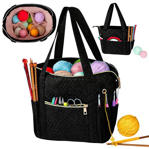 Veirdro Crochet Bag Organizer for Yarn Storage, Velvet Knitting Tote Bag with Double Handle for Crochet Accessories, Portable Travel Case for Yarn Balls, Crochet Hooks& Knitting Needles Holder (Black)