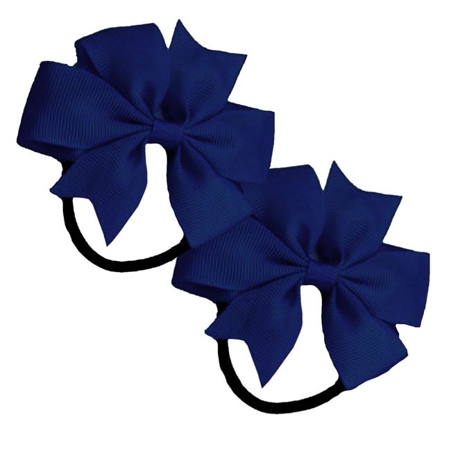 2 x 'Flat Fan' Bow Hair Bobbles | Hair Elastic | School Hair | Ribbon Bow (Navy Blue)