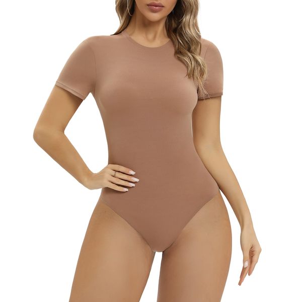 SHAPERX Body-Hugging Bodysuit for Women Short Sleeve High Stretch Leotard Top Thong Jumpsuit Crew Neck, UK-SZ5249-2-Sienna-XS