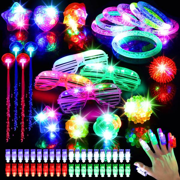 Mikulala 64PCS Light Up Toys Glow in the Dark Birthday Party Supplies for Kids Adults Graduation Gifts with 40 Finger Lights, 8 Jelly Rings, 4 Flashing Glasses, 8 Bracelets, 4 Fiber Optic Hair Lights