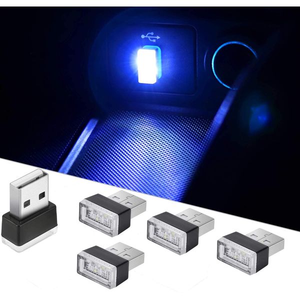 CTRICALVER 5pcs Blue Car LED Atmosphere Lights,Plug-in 5V Lights Mini Interior Ambient Lighting Kit for Car, Laptop, USB Socket, Night Light, Additional USB Plug Decoration