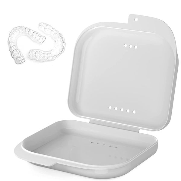 Retainer Case Portable Denture Box Teeth Mouth Tray for Slim Orthodontic Case for Mouth Guard, Braces,Dental Tray,Sports Dental Appliances,Bleaching Trays (White)