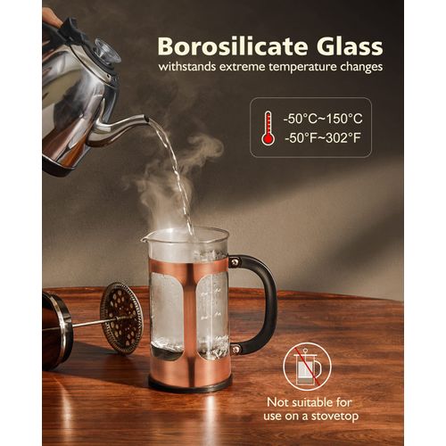 BAYKA 34 Ounce 1 Liter French Press Coffee Maker, Glass Classic Copper Stainless Steel Coffee Press, Cold Brew Heat Resistant Thickened Borosilicate Coffee Pot for Camping Travel Gifts