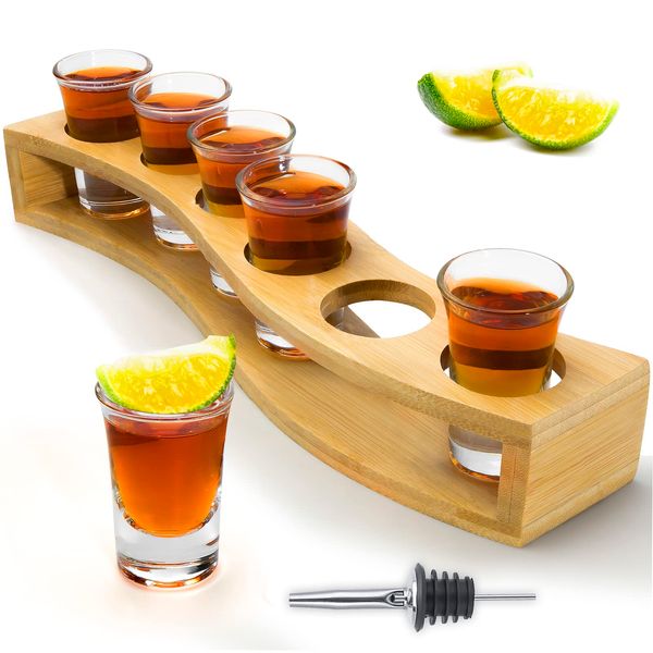 Shot Glass Set of 6 - 35ml/35cc and 1 Tray, Sake Set, Mini Shot Glass, Heavy Base, Whiskey Glass Set, Rock Glass