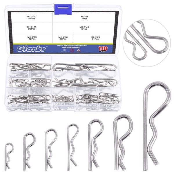 Glarks 110Pcs 304 Stainless Steel Hairpin R Clips Assortment Kit for Automotive, Mechanics, Car Garage, Power Equipment, Cars, Trucks, Lawn Mower, Small Engine Repair