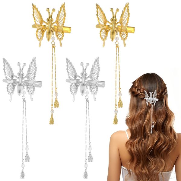 cobee 4 Pcs Butterfly Hair Accessories, Dynamic 3D Butterfly Hair Charms Set with Tassels, Hollow Silver Butterfly Hair Clips Hair Decorations for Women and Girls, Bridal Wedding Headdress