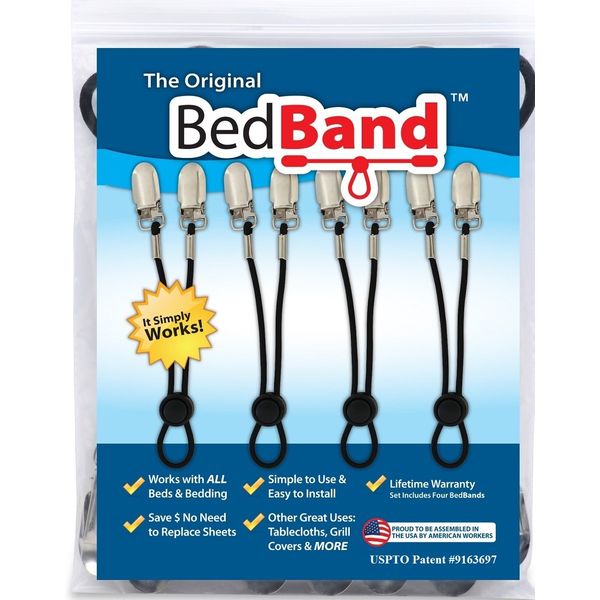 Bed Band Not Made in China. 100% USA Worker Assembled.. Bed Sheet Holder, Gripper, Suspender and Strap. Smooth any Sheets on any Bed. Sleep Better. Patented.,Black,1 Pack (4 Bands)