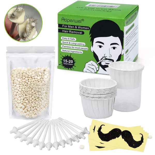 Auperwel Nose Wax Kit, 100g Nose Wax, 20 Applicators, Nostril Waxing Kit for Men and Women Painless Hair Removal with 15 Mustache Guards, and 10 Paper Cups, Nose Ear Wax Kit with 15-20 Uses - White