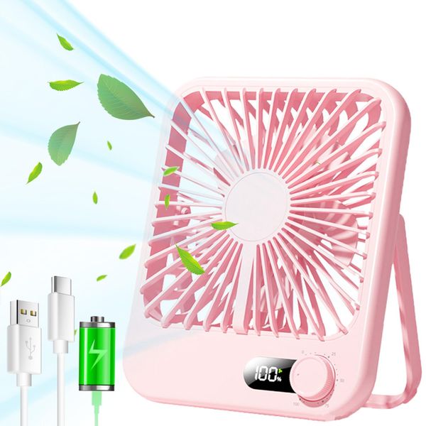 Fenxyo USB Desk Fan, 3000mAh Rechargeable Table Fan with LCD Screen Display, 180°Foldable Compact Size Travel Fan, Continuously Variable Speed Cooling Fan for Office Bedroom Table Desktop, Pink