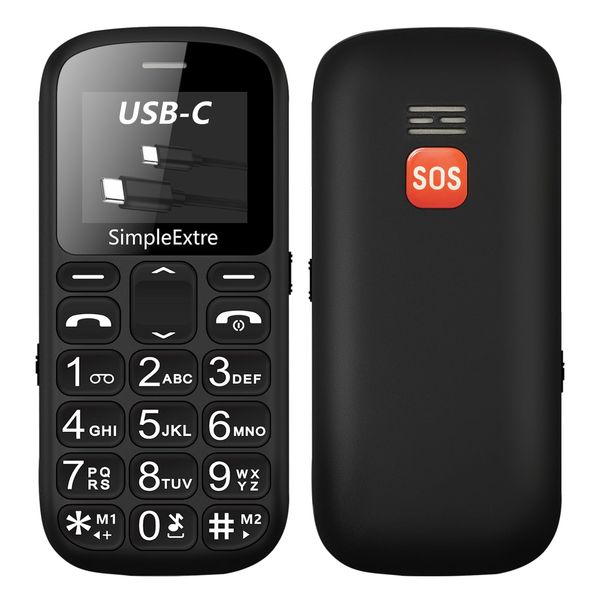 SimpleExtre Senior 1 black Big Button Mobile Phone for Elderly, SIM Free Unlocked Mobile Phones with SOS Button | Loud Volume | USB-C Charging | Simple System | Talking Numbers | FM Radio | Torch