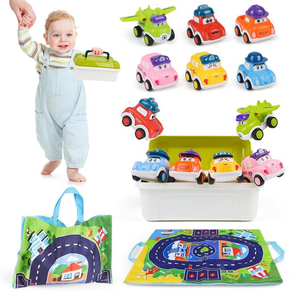 Baby Pull Back Cars, Toddlers Mini Push and Go Trucks, 6 Pieces Toy Car for Boys Age 3, Infant Friction Power Vehicles for Girls Ages 4 5 6 7 with Map Bag & Storage Box, Best Birthday Gift for Kids