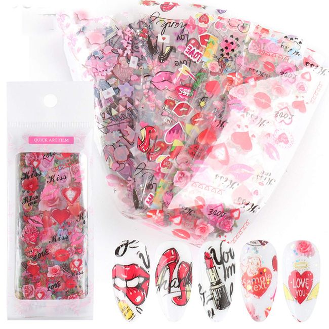 MAIOUSU STORE 10 Sheets Holographic Nail Foil Transfer Sticker Set,Valentine's Day Nail Art Stickers with Heart,Flowers,Red Lips Romantic Rose Nail Art Supplies for DIY Nail Art