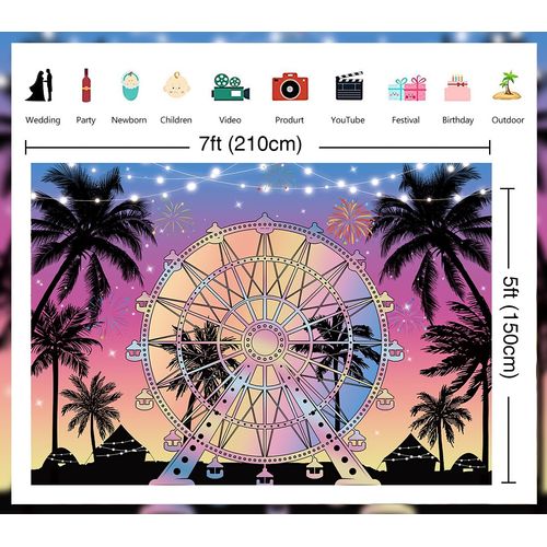 Summer Seaside Ferris Wheel Backdrop 7x5ft Tropical Palm Tree Sunset Photography Background Musical Festival Holidays Party Decoration Banner Studio Props (84''x60'')