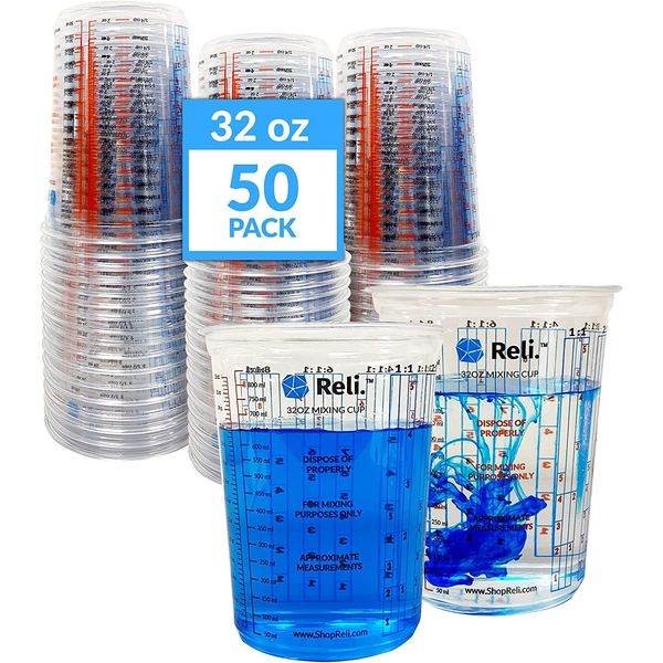 50 Pcs Bulk Value 32 Oz 1 Quart Paint Mixing Cup Disposable Measuring Cups Clear