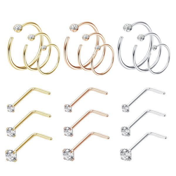 Jstyle 18Pcs Nose Rings Hoop Stainless Steel 20G L Shaped CZ Nose Studs Piercing Ring Hoop Body Jewelry Set