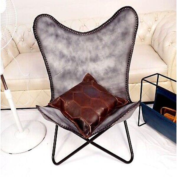 Handmade Leather Butterfly Chair, Grey leather Chair , Relaxing Arm Chair.