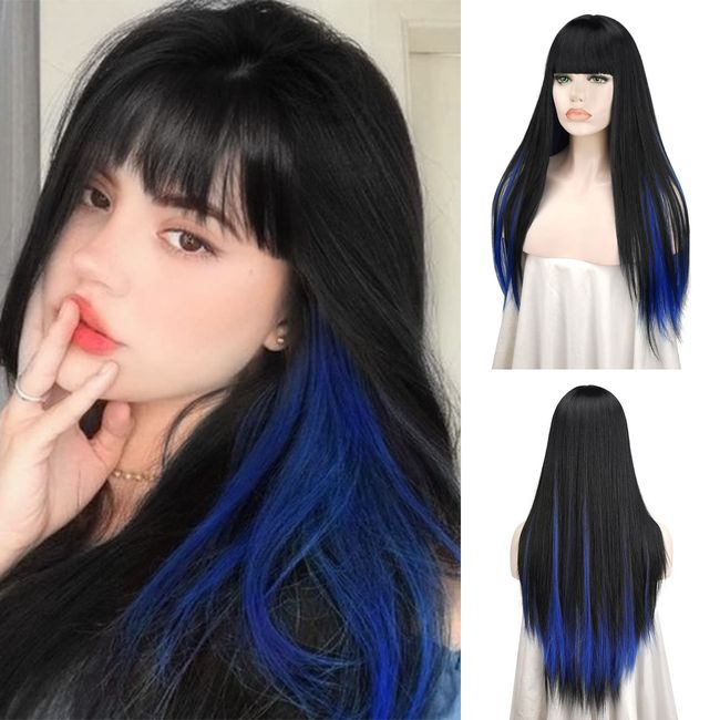 Sofeiyan Long Straight Wig with Bangs Black&Blue Synthetic Hair Replacement Wigs Heat Resistant Full Wig for Women Girls 26 inches