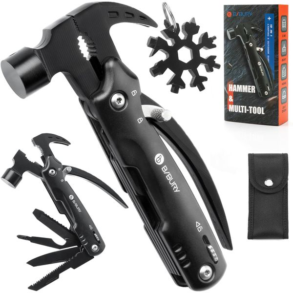 Gifts for Men, BIBURY Mini Hammer Multitool and Snowflake Multi Tool, Unique Christmas Birthday Gift Ideas, Outdoor Accessories Camping Tools Gadgets for Men Gifts for Him Black