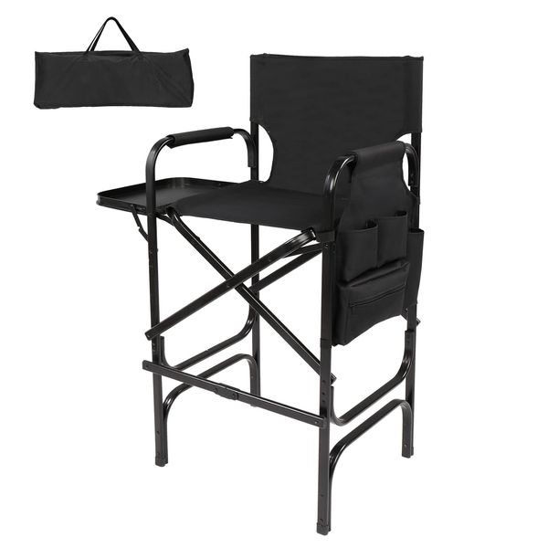 Mefeir 30" Tall Directors Chair Black Folding with Side Table Storage Bag,Portable Makeup Artist Bar Height, Aluminum Frame 300 lbs Capacity, 19.2" D x 23.6" W x 45.6" H