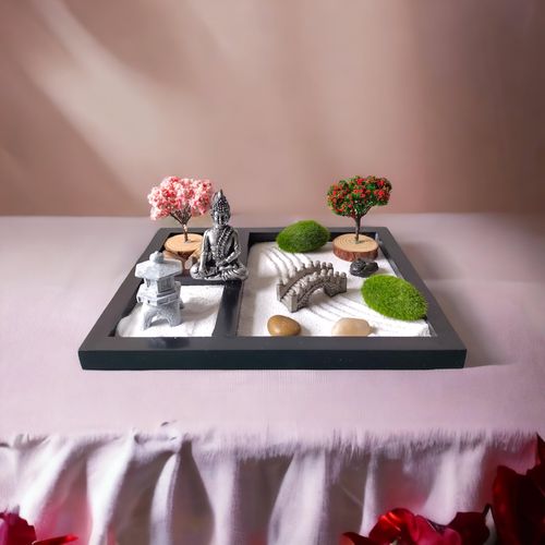 ZEN&TAO Japanese Zen Garden Kit, Black Tray with Two Trees, Two Mosses, Buhhda Statue, Bridge, Stones and Sand Toolset, 2024 New Upgrades, for Meditation, Relaxation and Gifting.