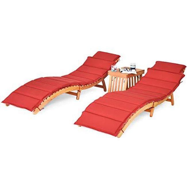 3 Pcs Folding Patio Solid Eucalyptus Wood Lounge Chair Set, Outdoor Lounger Chair w/Foldable Side Table, Double-Sided Cushion Lounger Chairs Set for Garden Lawn Backyard(Red & White)