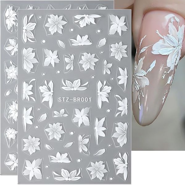 3D White Lace Flower Nail Stickers for Nail Art Lily Petal Floral Nail Sticker Acrylic Flowers Nail Art Stickers Flower Nail Decals Matte Frosted Flower Stickers for Nails Women Nail Decorations, 4pcs